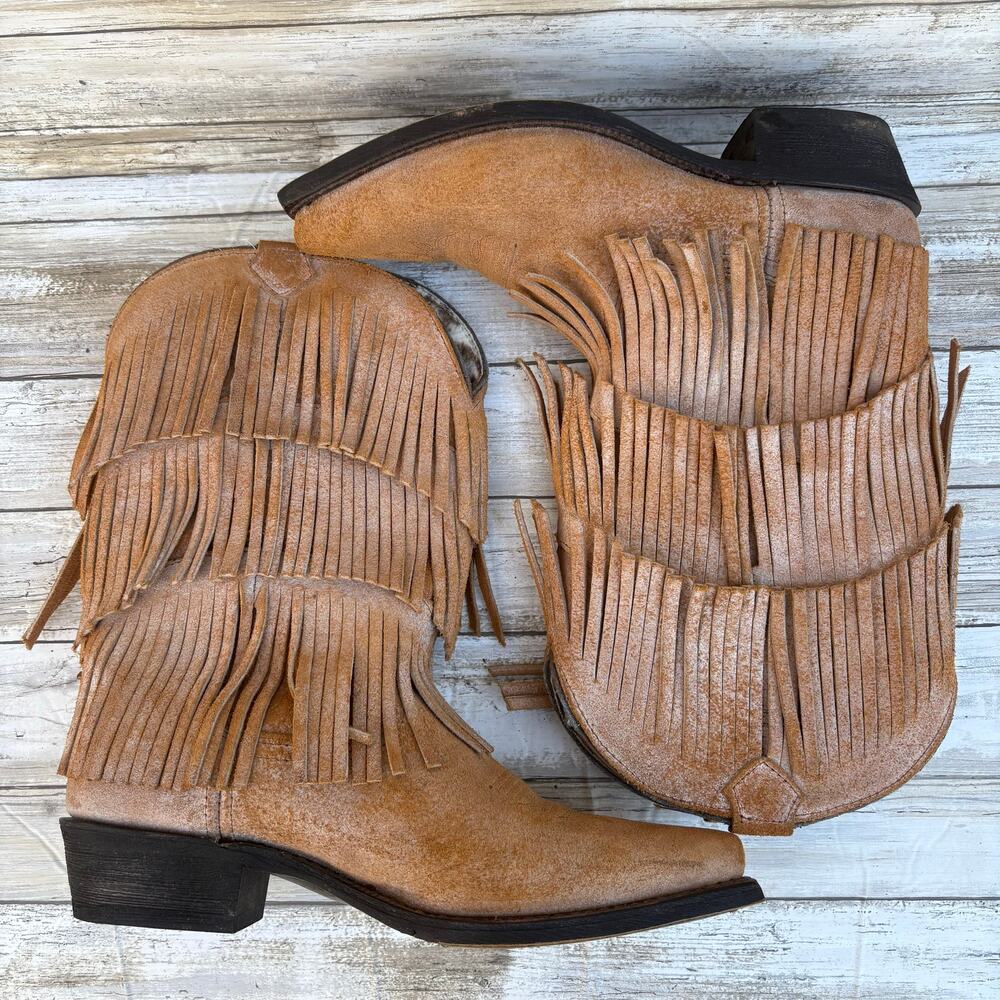 Dingo Western Cowboy Boots Sz 9.5  Tres Fringe Burnished Tan Leather Suede Boho - Picture 5 of 12